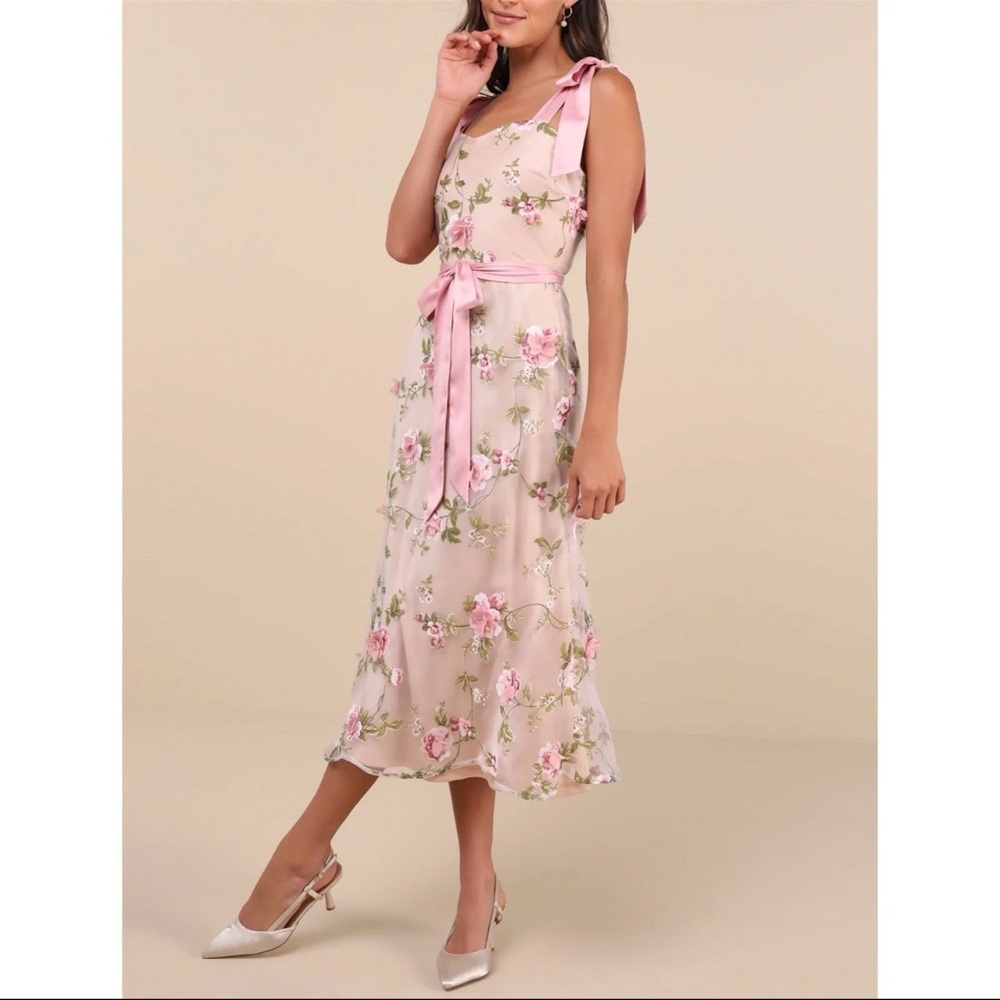 Lulu's Nude/Pink Floral Tie Strap Midi Dress Prom Wedding Guest Party Formal NEW - Picture 3 of 16
